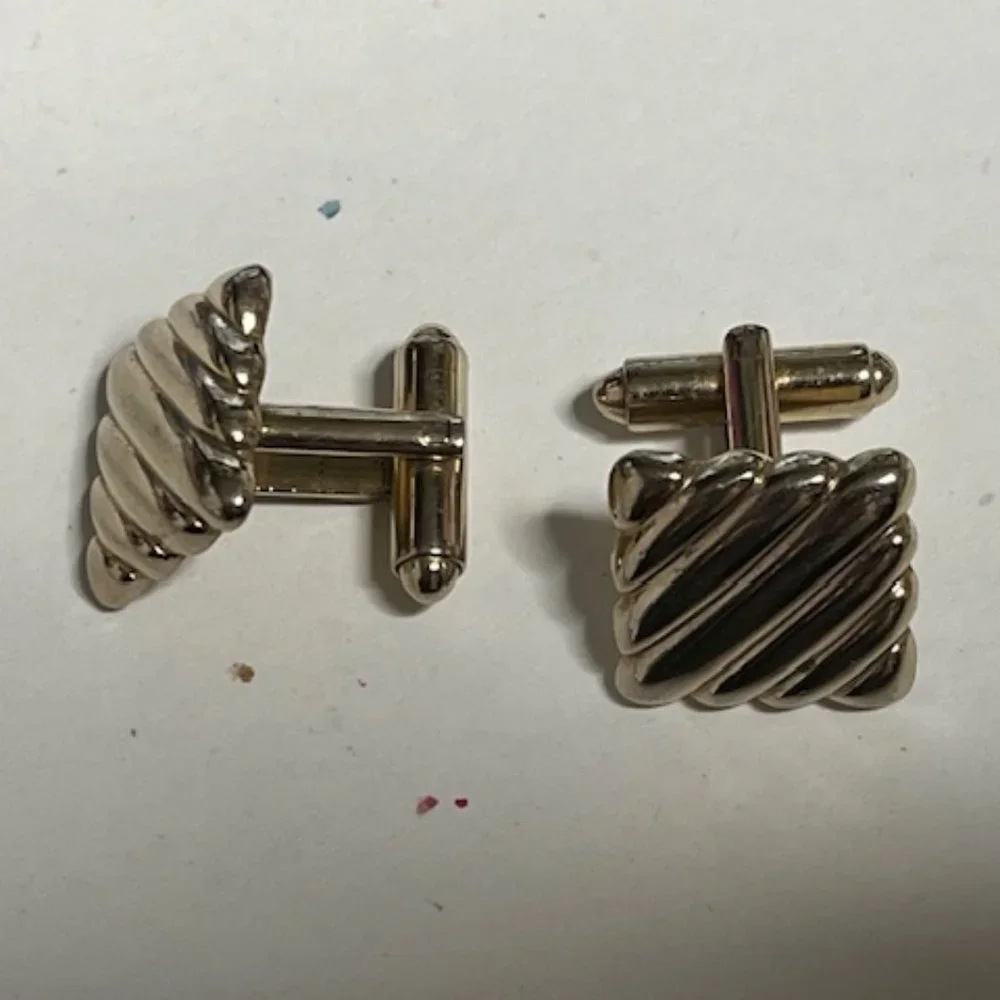 VTG Gold Tone Square Shaped Striped Ribbon Style Cuff Links Retro Gift